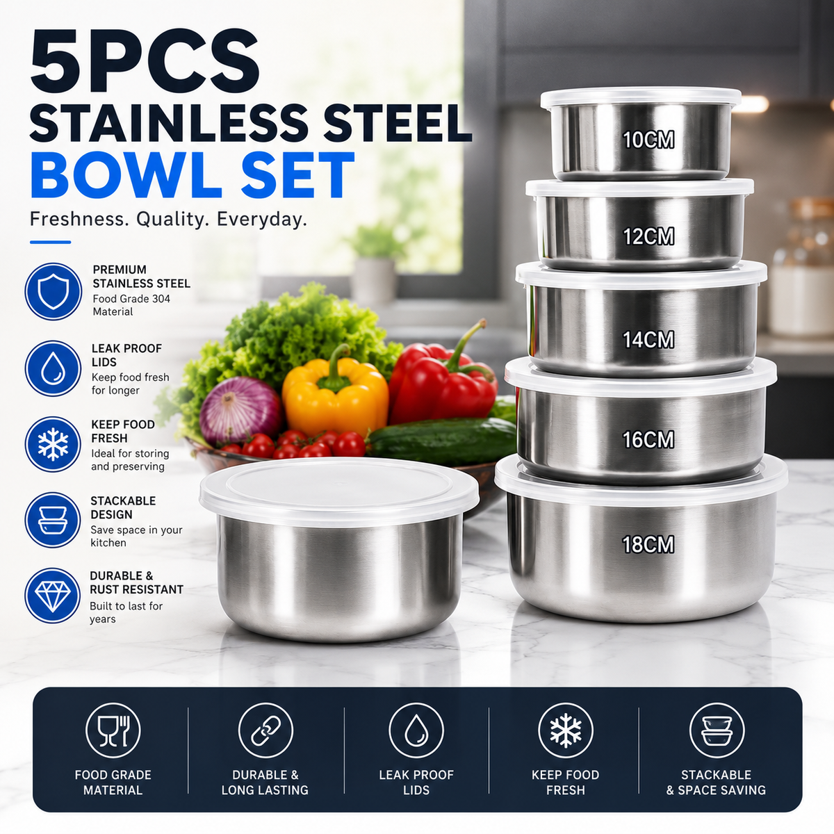 5pcs Stainless Steel Bowl Set